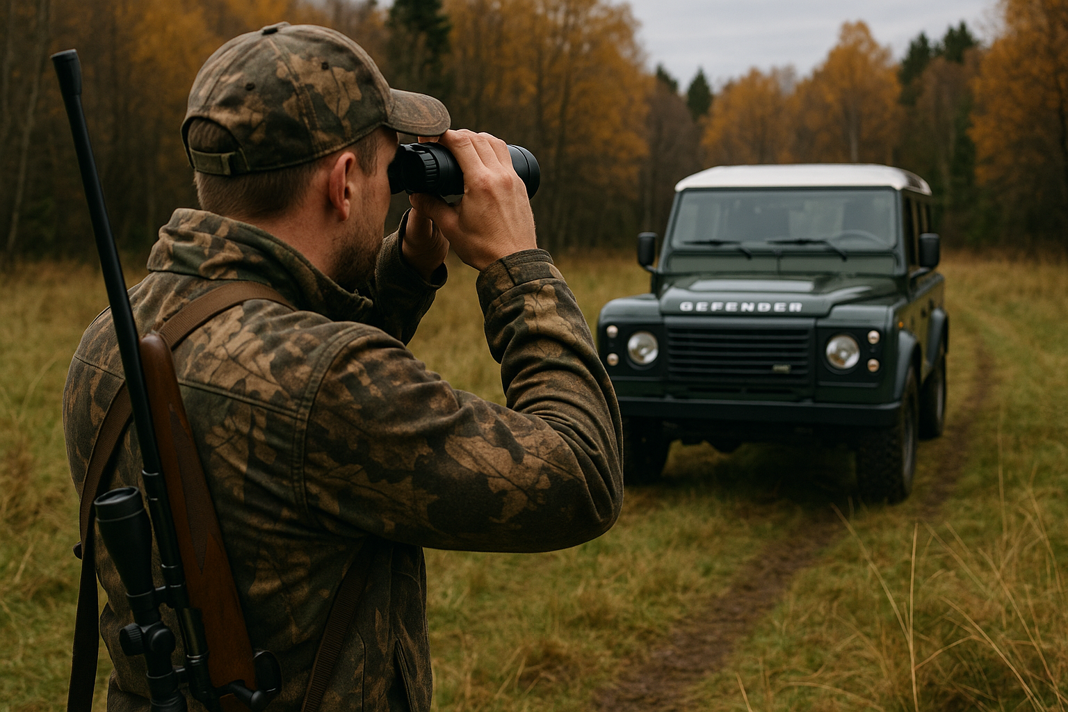 Jager met verrekijker observeert een Land Rover Defender in een herfstbos